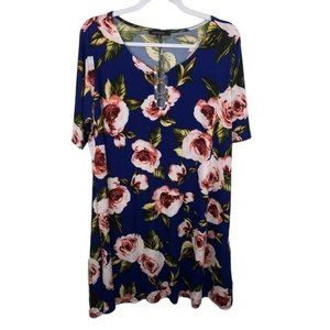 Ellen Weaver Women Navy Floral Gold Metal Circle Accent Midi Shift‎ Dress Sz 2X